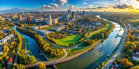 Obraz premium Aerial View of Dynamic Urban Landscape with Snappy Zoom Effects for Engaging Video Intros