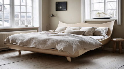 Scandinavian-inspired bedroom featuring a wooden platform bed, soft beige linens, and natural textures