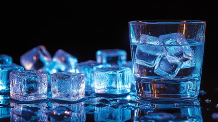 A glass of water with ice cubes, illuminated by blue light on a reflective surface.