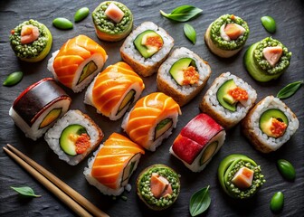 Aerial View of Fresh Sushi Rolls in Motion on Black Table - Culinary Delight