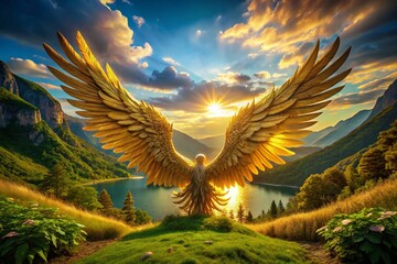 Obraz premium Aerial View of Golden Angel Wings in Majestic Landscape for Stunning Visuals