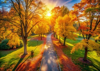 Naklejka premium Aerial View of Golden Autumn Leaves on a Serene Park Pathway Surrounded by Trees in Mid-Fall