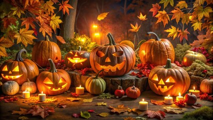 Naklejka premium Aerial View of Halloween Pumpkin Decorations and Jack-o'-Lanterns for Spooky Celebration