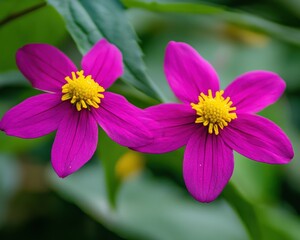 Two purple flowers with yellow centers on a green leafy plant - Nature
