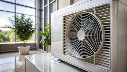 Close-up view of a white air conditioning unit's fan with a blurred window and potted plant in the background.