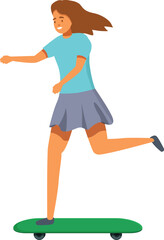 Young woman is joyfully riding a skateboard, enjoying a sunny day outdoors