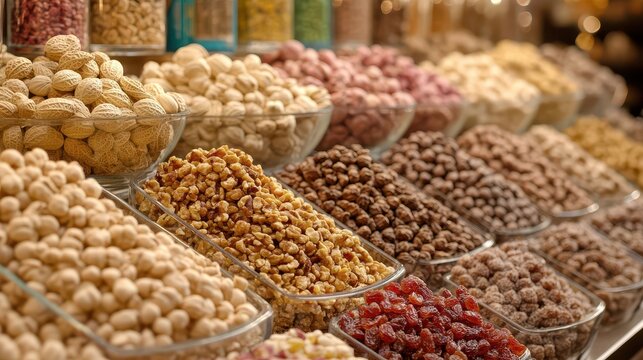 Variety of nuts dried fruits in market display