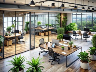Naklejka premium Aerial View of Modern Office Space with Chairs and Desks Through Glass Doors for Professional Environments