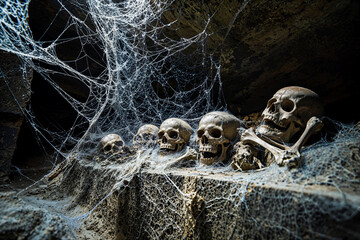 Skulls and bones in a crypt catacomb covered in cobwebs, horror, Halloween, spooky, scary