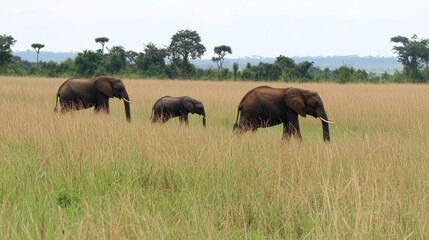Obraz premium Majestic Elephant Herd Grazing in the Lush Savanna of the African Wilderness