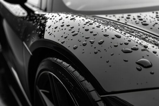 Black Car Paint: Closeup Surface with Hydrophobic Ceramic Coating for Water Drop Protection