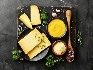 Decadent Cheese Sauce Board: An Aerial View of Fresh Ingredients