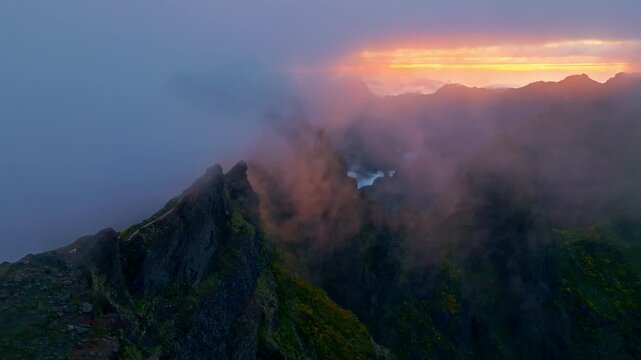 Mountains on sunset covered in fog and clouds with blooming Cytisus shrubs. Near Pico de Arieiro , Madeira island, Portugal. Slide trucking shot