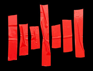 Top view set of wrinkled or crumpled red cloth tape or adhesive vinyl tape in stripes shape isolated on black background with clipping path