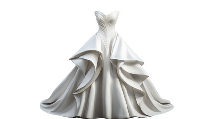 front view of a structured strapless ball gown, edgy design with sharp lines and a high-low hem, on a transparent backgrounds