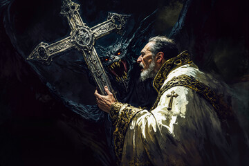 Priest with large cross confronting a demon from Hell, fantasy painting illustration art, exorcism