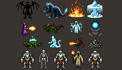 Set of RPG Fantasy Creatures with Fire and Ice Powers