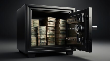 A black safe with its door open, revealing stacks of US dollar bills inside.