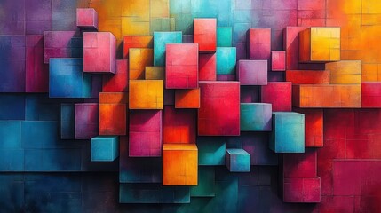 abstract 3d design with floating geometric shapes in a vibrant color palette creating a sense of depth and movement inviting viewers into a dynamic and visually stimulating world of modern art