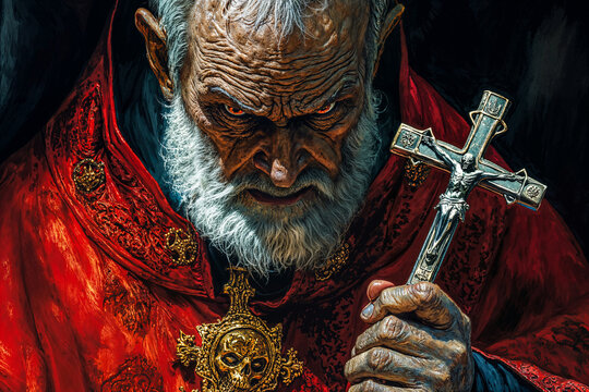Evil Satanic priest with glowing red eyes and red robes, fantasy painting illustration art