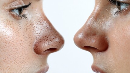 Obraz premium Blackheads. Before and After Peeling Treatment for Black Dots on Nose. Acne Problem and Skin Cleansing Concept