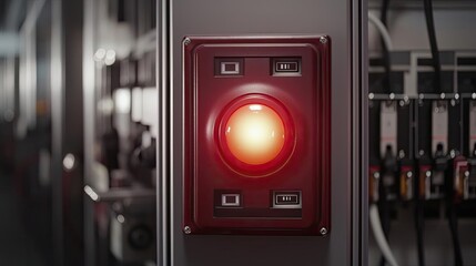 Close-up view of a red emergency stop button on industrial machinery, highlighting safety features on a modern control panel.
