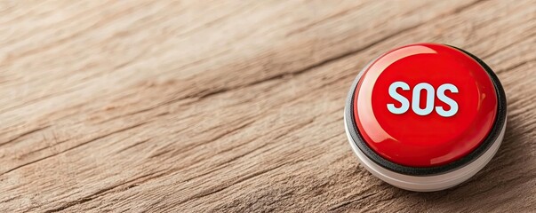 Close-up of a red SOS emergency button on a wooden surface, symbolizing help and urgency. Ideal for safety and emergency-related concepts.