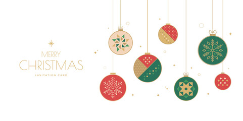 Elegant Christmas invitation card design with minimalistic hanging ornaments in green, red, and gold featuring geometric patterns and snowflakes