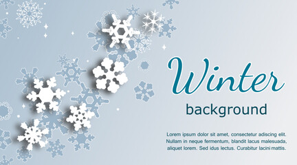 winter background template. minimalistic card with silhouettes of snowflakes on light gradient background. horizontal cute vector illustration for backdrop, greeting, invitation, poster, banner