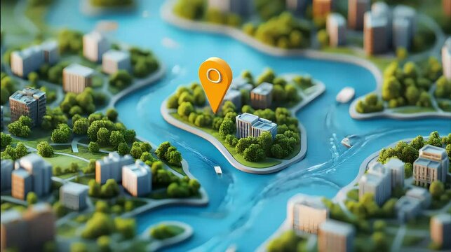 A 3D city map displaying GPS location pins, winding rivers, and miniature buildings, represented in an isometric perspective with a pastel color palette for urban planning.
