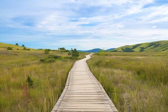 A wooden boardwalk path leading through a grassy field with rolling hills and a cloudy blue sky in the background