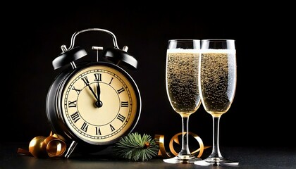 New Year celebrations; alarm clock with champagne on black background 