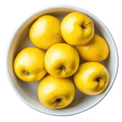 Yellow apples in a white bowl isolated on a transparent background, top view - perfect for visualizing cooking photos.