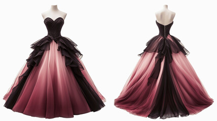 Obraz premium strapless ball gown mockup showcasing both front and back views, contrasting materials such as satin and organza, on a transparent backgrounds