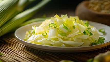 A plate of saut&eacute;ed leeks garnished with green onions, showcasing a fresh and healthy dish.