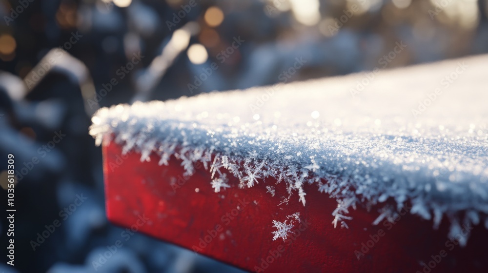 Poster fresh snow covers the edge of a vibrant red wooden surface, showcasing intricate frost patterns in a