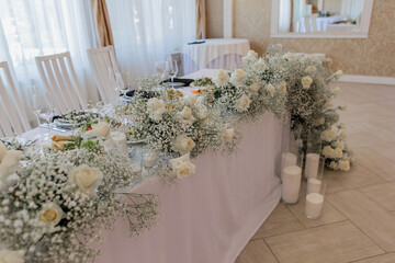 food and drinks on a festive table in a restaurant on a wedding birthday