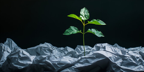 Green Seedling Emerging from Crumpled Paper Symbolizing Growth and Renewal