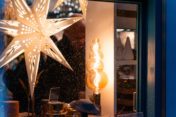 Europe Christmas market fair kiosk with handcrafted Christmas decorations.