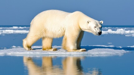 Fototapeta premium Powerful Polar Bear Strolling on Floating Arctic Ice Floe in Frozen Seascape
