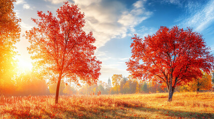 Fototapeta premium A beautiful fall landscape with maple trees displaying vibrant red and orange leaves, celebrating the season.