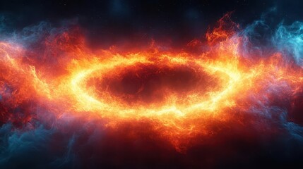 abstract smoke round frame with vibrant orange red and yellow hues swirling dramatically against a deep black background creating a mesmerizing visual explosion