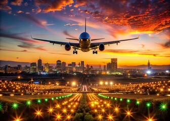 Obraz premium Airplane Landing in Johannesburg During Christmas with Festive Lights and Landscapes