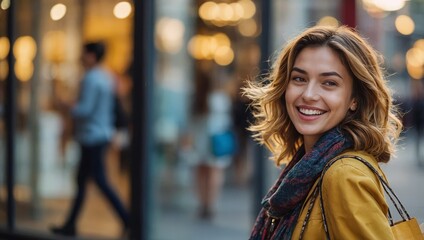 Fototapeta premium Happy woman with shopping bags looking at store windows while walking through city