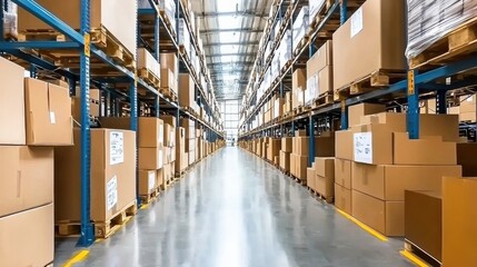 Fototapeta premium Vast Interior of a Warehouse with Shelves and Stacked Boxes for Logistics and Distribution
