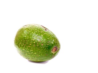 A single unpeeled whole organic fresh and ripe green avocado fruit isolated on white background