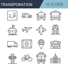 Set of 16 outline icons related to transportation. Linear icon collection. Editable stroke. Vector illustration