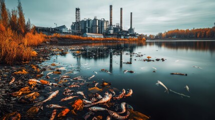 Fototapeta premium Dead Fish in Polluted River by Industrial Plant
