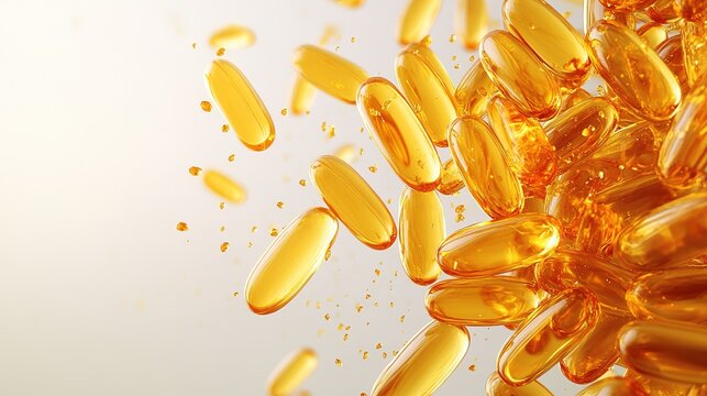 Fish oil omega 3 gel capsules on white background.	
