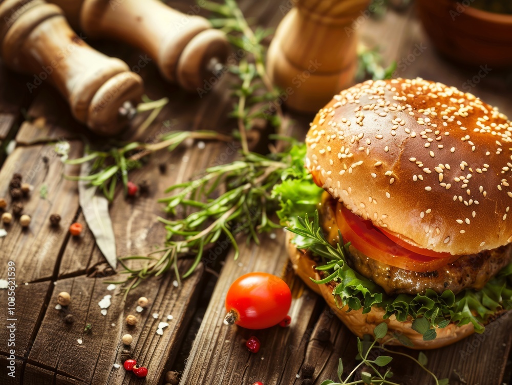 Wall mural Savory Sesame Seed Burger Delight on Rustic Wooden Background